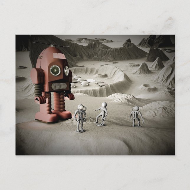 Thunder Robot and Toy Spacemen Retro Styled Postca Postkarte (Vorderseite)