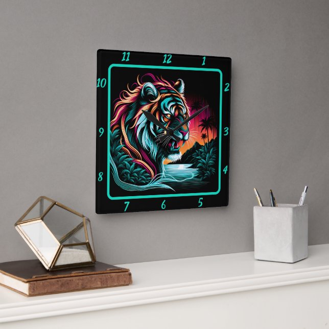 Thunderous Neon Tiger Majesty Quadratische Wanduhr (Büro)