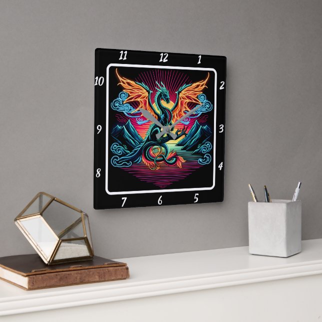 Thunderstreik Neon Dragon Quadratische Wanduhr (Büro)