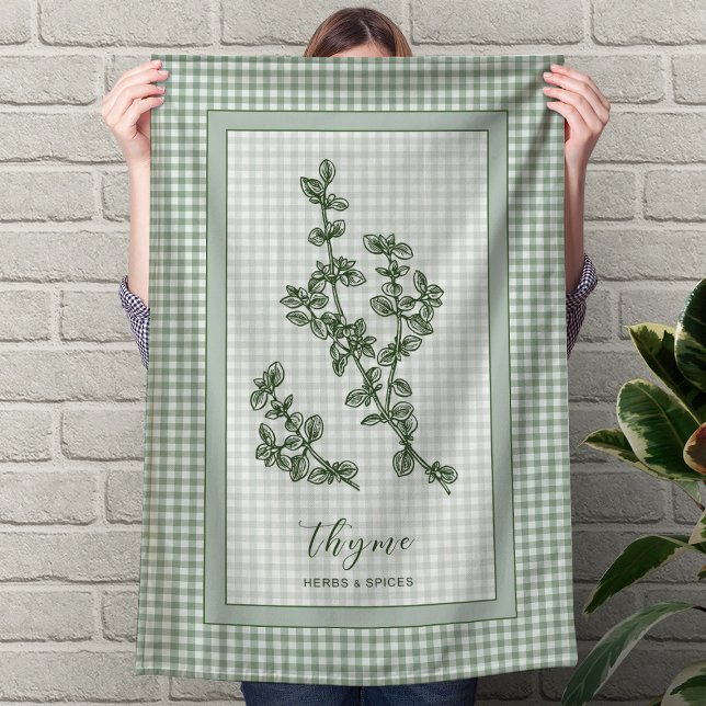 Thymian-Küchenhandtuch – grüne Gingham-Grenze Geschirrtuch (Thyme Herb Kitchen Towel – Green Gingham Border)