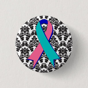 Thyroid Cancer Damask Black Ribbon Button
