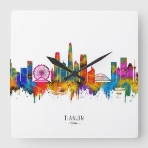 Tianjin China Skyline Quadratische Wanduhr