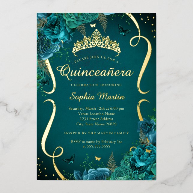 Tiara Aquamarine Rose Floral Butterfly Quinceanera Folieneinladung (Vorderseite)