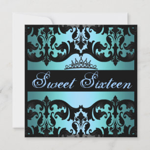 Tiara Blue Sweet16 Damask Invitation d'anniversair
