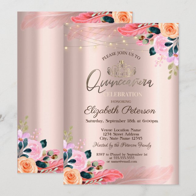 Tiara, Blume Feather Rose Gold Quinceañera Einladung (Vorne/Hinten)