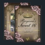 Tiara Butterflies Bale Pink Roses Sweet 16 Foto Einladung<br><div class="desc">Passen Sie Ihre woll-Möglichkeiten an. Ersetzen Sie das Foto auf der Rückseite durch Ihr eigenes Foto oder entfernen Sie das Foto zusammen.</div>