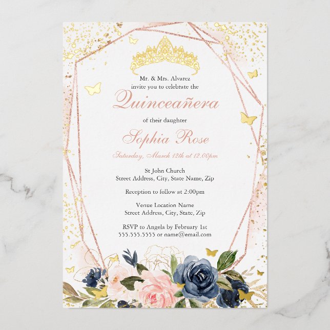 Tiara Butterfly Floral Blush Pink Marine Quinceane Folieneinladung (Vorderseite)