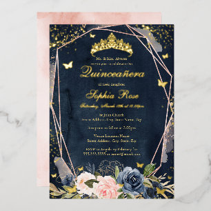 Tiara Butterfly Floral Navy Pink Quinceanera Folieneinladung