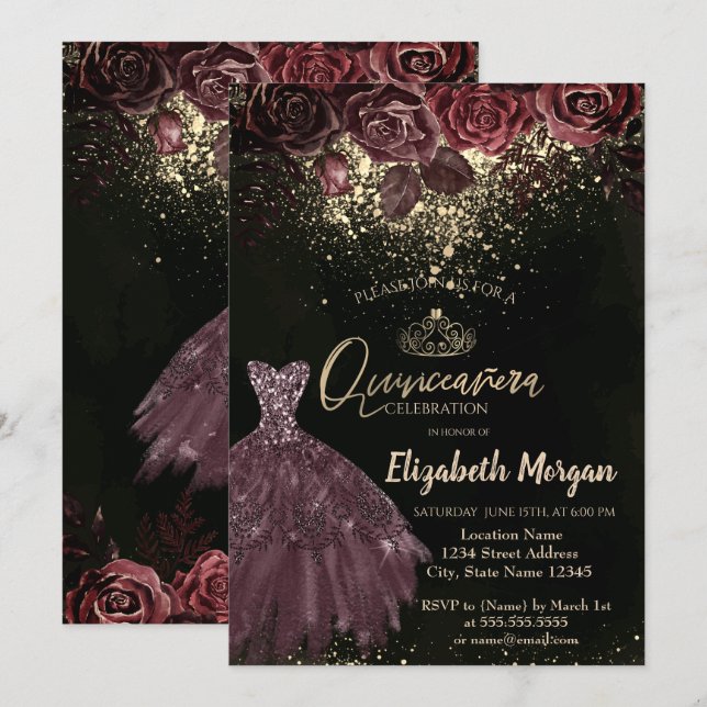 Tiara, Confetti Burgund Blume Dress Quinceañera Einladung (Vorne/Hinten)