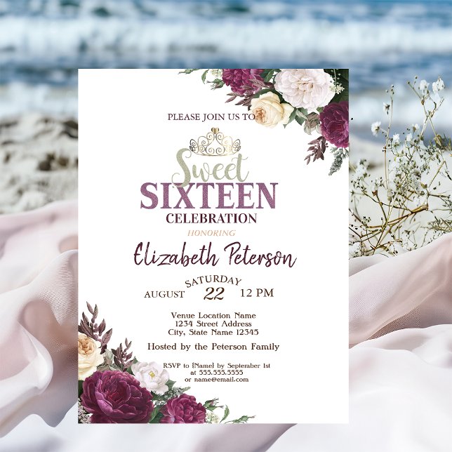 Tiara, Confetti Burgund Blume Süß 16 Party Einladung (Von Creator hochgeladen)