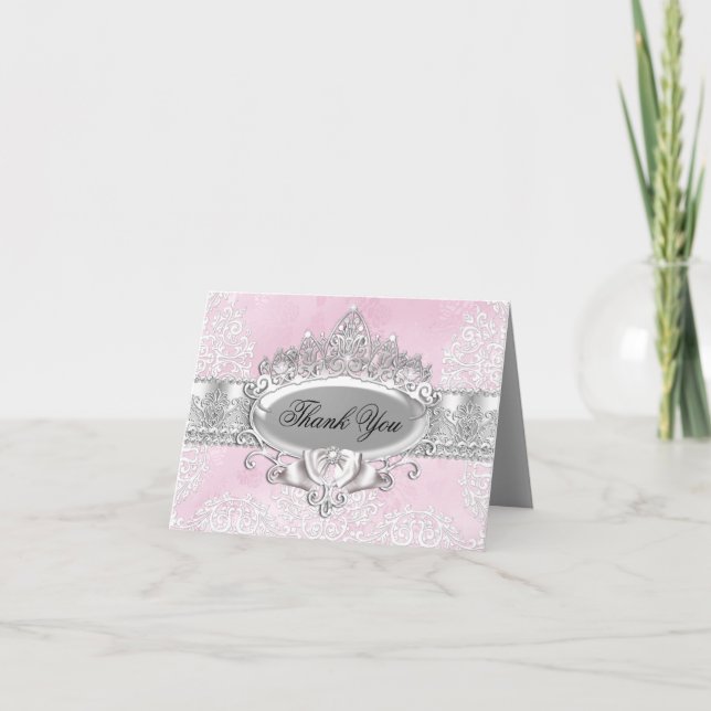 Tiara & Damask Pink Danke-Karte Dankeskarte (Vorderseite)
