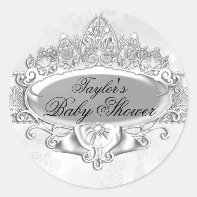 Tiara & Damask Silver Baby Shockaufkleber Runder Aufkleber (Vorderseite)