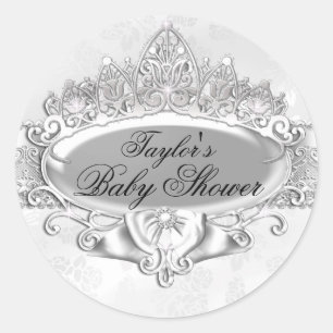 Tiara & Damast Silber Baby Shower Aufkleber