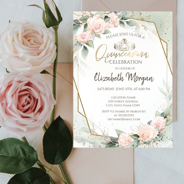 Tiara, Diamanten, Rose Aquarellfarben, grüne Quinc Einladung (Von Creator hochgeladen)