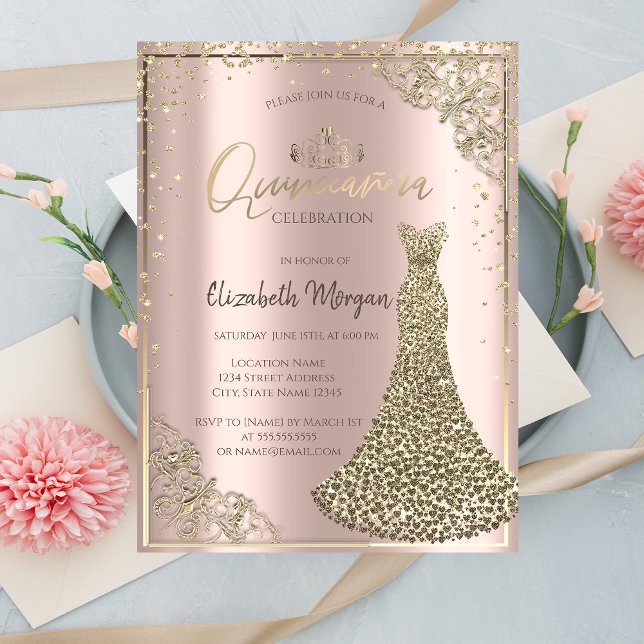 Tiara, Diamantkleid, Rose Gold Quinceañera Einladung (Von Creator hochgeladen)