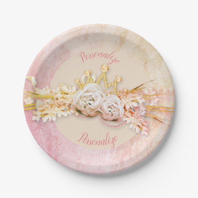 Tiara Diamond Blumenstrauß rosa goldgürtel niedlic Pappteller (Vorderseite)