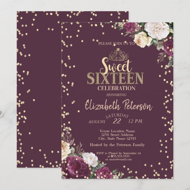 Tiara, Diamonds Burgundy Floral Sweet 16 Party Einladung (Vorne/Hinten)