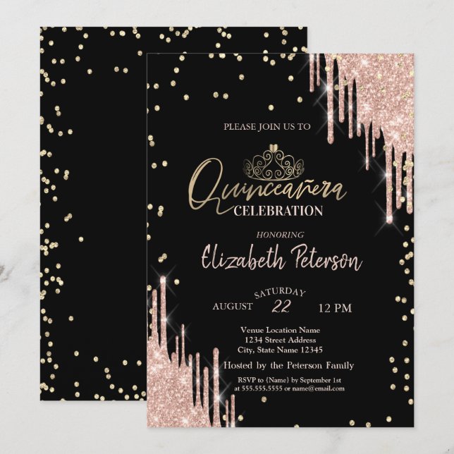 Tiara, Diamonds Glitzer Tropfen Quinceañera Einladung (Vorne/Hinten)