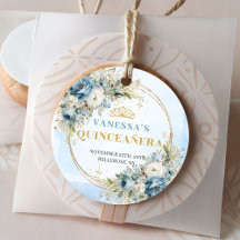 Tiara Elegant Quince Favor Tag Blue and Gold