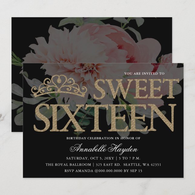 Tiara Floral Black and Gold Sweet 16 Einladung (Vorne/Hinten)