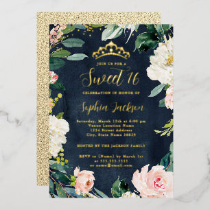 Tiara Floral Sweet 16 Pink Navy Gold Folieneinladung