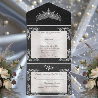 Tiara & Foil Leaf Rahmen Quinceanera - Perle/Silbe All-in-One-Einladung