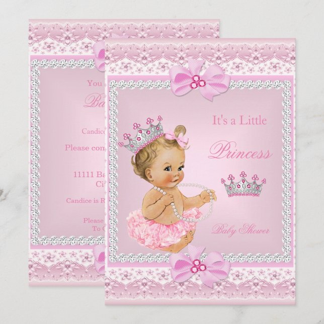 Tiara Girl Princess Baby Dusche Pink Pearls Blonde Einladung (Vorne/Hinten)