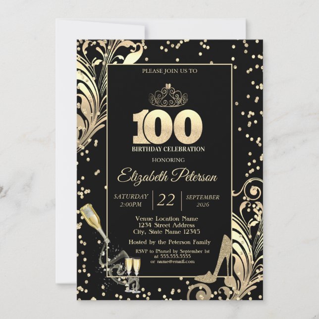 Tiara Glitter Heels Diamonds Swirls 100th Birthday Einladung (Vorderseite)