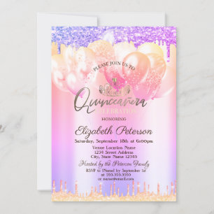 Tiara, Glitzer Drops Balloons Ombre Quinceañera Einladung