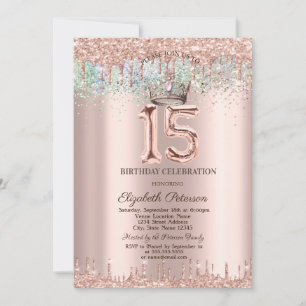 Tiara, Glitzer Drops Rainbow Confetti Quinceañera Einladung