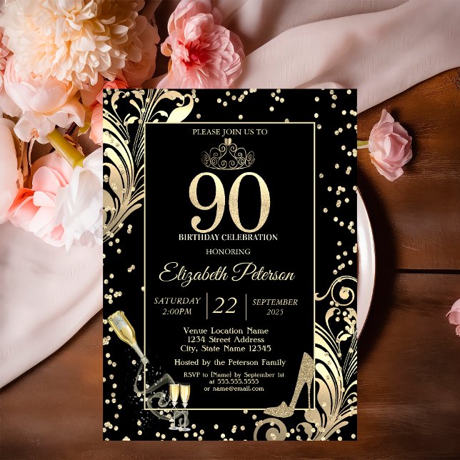 Tiara Glitzer Heelses Diamonds Wirbel 90. Geburtst Einladung (Von Creator hochgeladen)