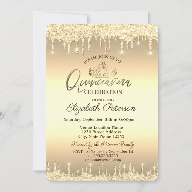 Tiara, Gold Glitzer Drops Quinceañera Einladung (Vorderseite)