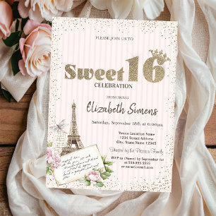 Tiara, Konfetti, Eiffelturm Rosen gestreift Sweet Einladung