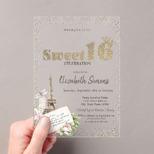 Tiara, Konfetti, Eiffelturm Rosen Sweet 16 Acryleinladungen