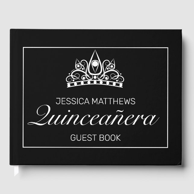 Tiara Modern Black Minimalistisch Quinceañera Gebu Gästebuch (Vorderseite)
