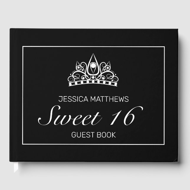 Tiara Modern Black Minimalistisch Sweet 16 Geburts Gästebuch (Vorderseite)