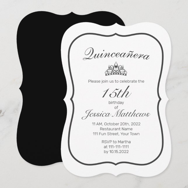 Tiara Modern Minimalistisch White Black Quinceañer Einladung (Vorne/Hinten)