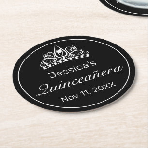 Tiara Modern Minimalistisch White Black Quinceaner Runder Pappuntersetzer