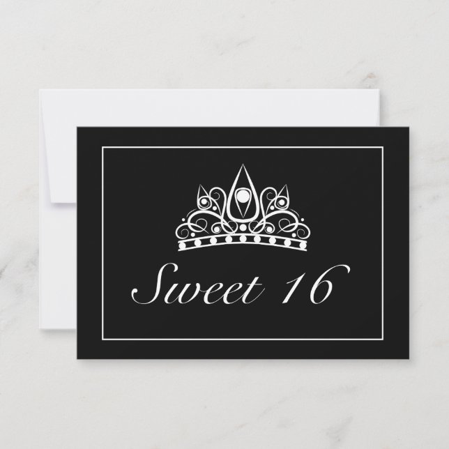Tiara Modern Minimalistisch White Black Sweet 16 RSVP Karte (Vorderseite)