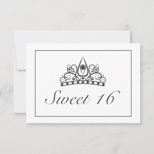 Tiara Modern Minimalistisch White Black Sweet 16 RSVP Karte (Vorderseite)