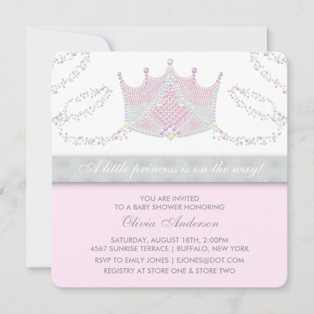 Tiara Pink Gray Princess Baby Dusche Einladung (Vorderseite)
