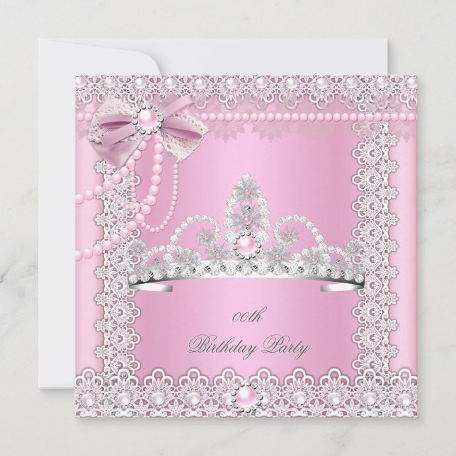 Tiara Pink White Pearls Lace Bow Birthday Party 2 Einladung (Vorderseite)