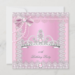 Tiara Pink White Pearls Lace Bow Birthday Party 2 Einladung