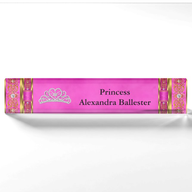 Tiara Princess Hot Pink Gold Name Namensplakette (Vorderseite)