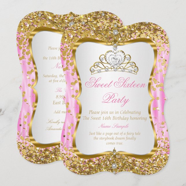 Tiara Princess Sweet 16 Invitation blanc or rose (Devant / Derrière)