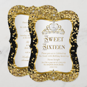 Tiara Prinzessin Sweet 16 Gold Schwarz Weiß Einlad Einladung