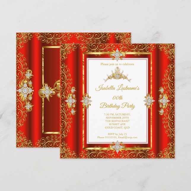 Tiara Red Damask Gold White Birthday Party Einladung (Vorne/Hinten)