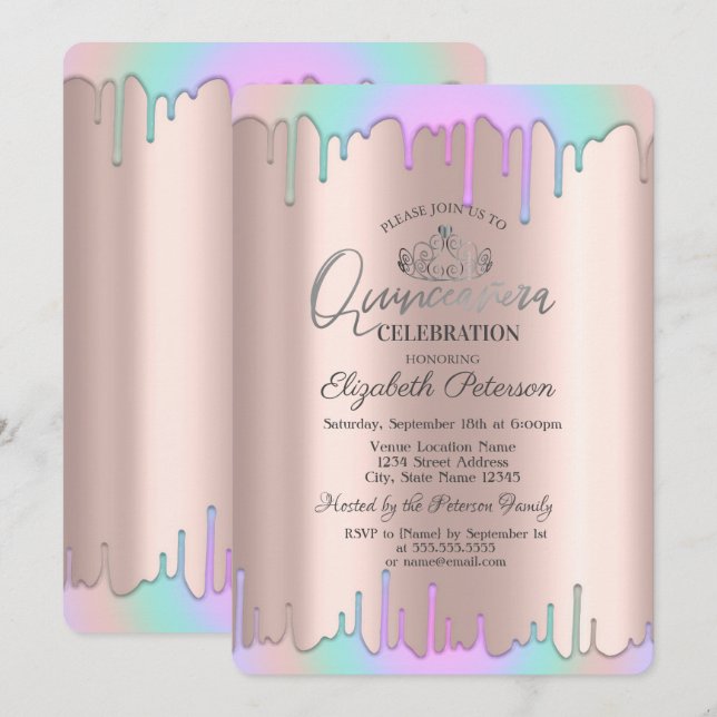Tiara, Regenbogen Drops Rose Gold Quinceañera Einladung (Vorne/Hinten)