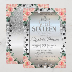 Tiara, Silber Glitter Rosen Punkte Sweet 16 Party Einladung
