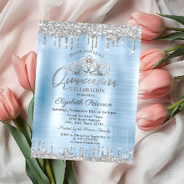 Tiara, Silver Glitzer Drops Blue Quinceañera Einladung